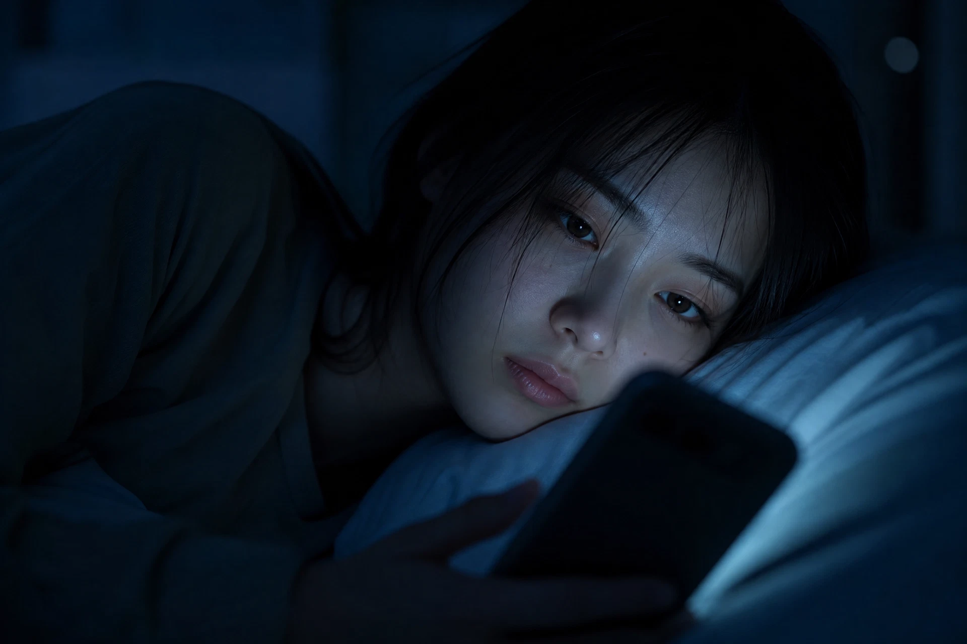 夜里躺在床上滑手机的女生